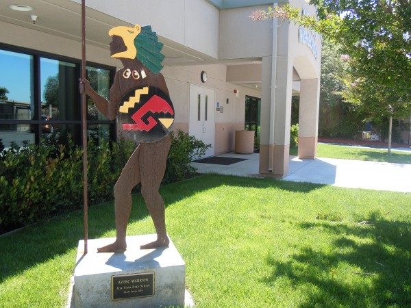 Aztec Warrior sculpture by Hardy Jones at Alta Vista High School